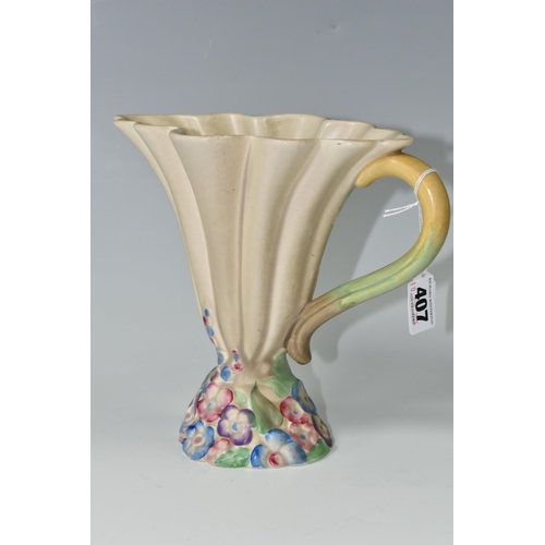 407 - A CLARICE CLIFF 'MY GARDEN' JUG, of conical fluted form with floral base, bearing an indistinct blue... 