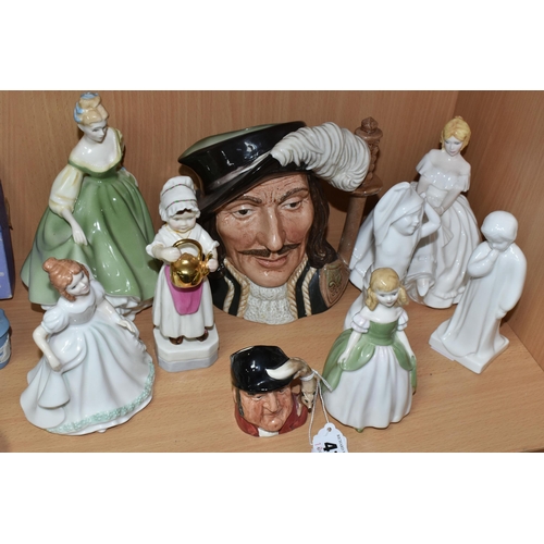 413 - A GROUP OF FIGURINES AND CHARACTER JUGS, comprising Royal Doulton Fair Lady HN2193, Penny HN2338, He... 