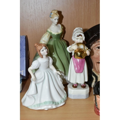 413 - A GROUP OF FIGURINES AND CHARACTER JUGS, comprising Royal Doulton Fair Lady HN2193, Penny HN2338, He... 