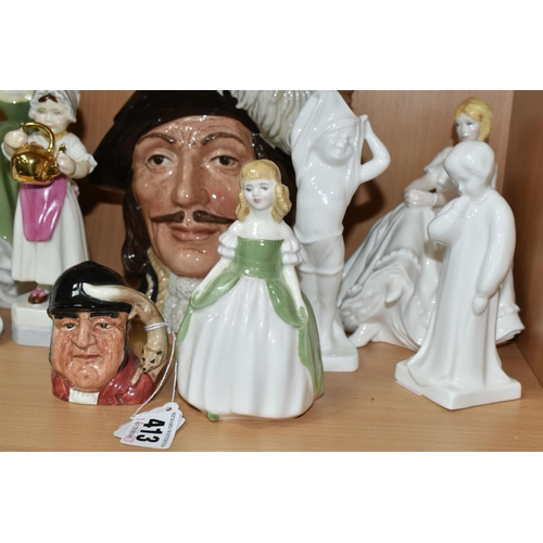 413 - A GROUP OF FIGURINES AND CHARACTER JUGS, comprising Royal Doulton Fair Lady HN2193, Penny HN2338, He... 