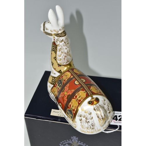 422 - A BOXED ROYAL CROWN DERBY LLAMA PAPERWEIGHT, a 2001 exclusive for the Royal Crown Derby Collectors G... 