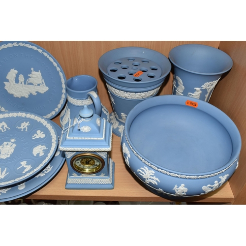 426 - A COLLECTION OF WEDGWOOD BLUE JASPERWARE, comprising a commemorative cabinet plate 'Man On The Moon-... 