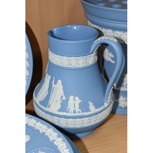 426 - A COLLECTION OF WEDGWOOD BLUE JASPERWARE, comprising a commemorative cabinet plate 'Man On The Moon-... 