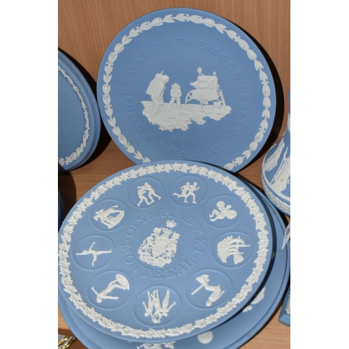 426 - A COLLECTION OF WEDGWOOD BLUE JASPERWARE, comprising a commemorative cabinet plate 'Man On The Moon-... 