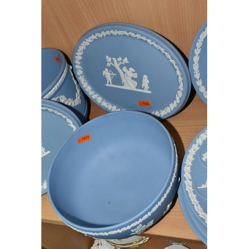 426 - A COLLECTION OF WEDGWOOD BLUE JASPERWARE, comprising a commemorative cabinet plate 'Man On The Moon-... 