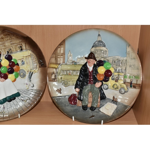 432 - A GROUP OF ROYAL DOULTON FIGURES, comprising two cabinet plates 'The Balloon Man' D6655, 'The Old Ba... 