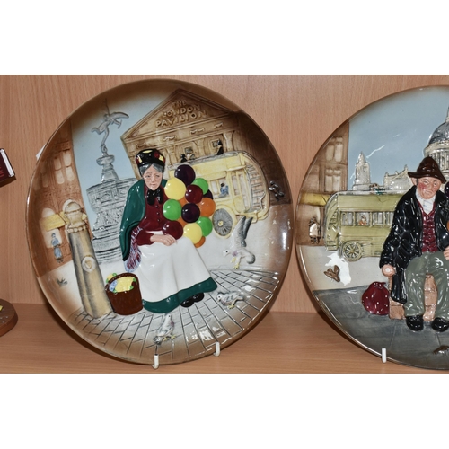 432 - A GROUP OF ROYAL DOULTON FIGURES, comprising two cabinet plates 'The Balloon Man' D6655, 'The Old Ba... 