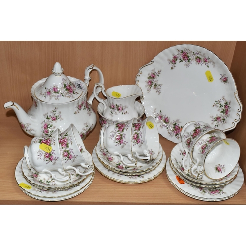 434 - A ROYAL ALBERT 'LAVENDER ROSE' TEA SET, comprising teapot, milk jug, sugar bowl, cake plate, six cup... 