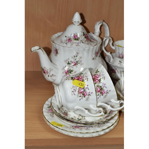 434 - A ROYAL ALBERT 'LAVENDER ROSE' TEA SET, comprising teapot, milk jug, sugar bowl, cake plate, six cup... 