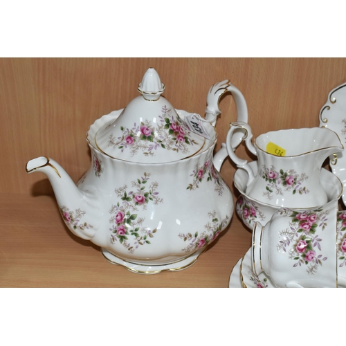 434 - A ROYAL ALBERT 'LAVENDER ROSE' TEA SET, comprising teapot, milk jug, sugar bowl, cake plate, six cup... 