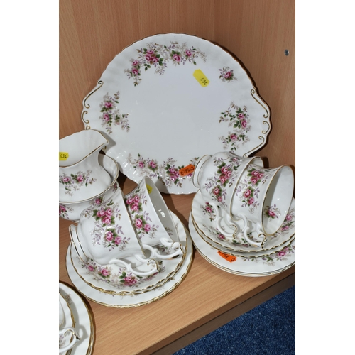 434 - A ROYAL ALBERT 'LAVENDER ROSE' TEA SET, comprising teapot, milk jug, sugar bowl, cake plate, six cup... 