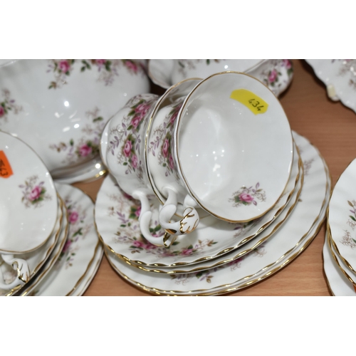 434 - A ROYAL ALBERT 'LAVENDER ROSE' TEA SET, comprising teapot, milk jug, sugar bowl, cake plate, six cup... 