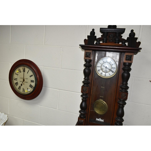 437 - TWO WALL CLOCKS, comprising a Victorian mahogany school/waiting room clock, black painted Roman nume... 