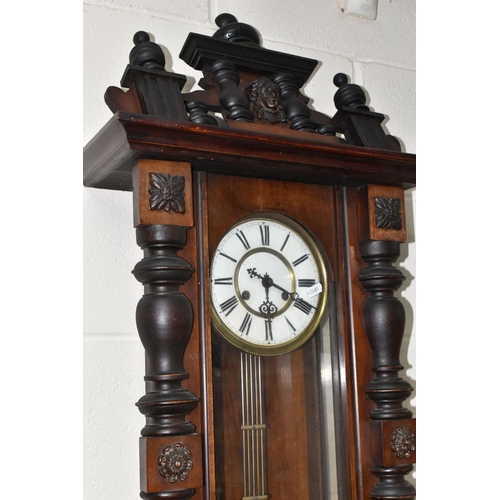 437 - TWO WALL CLOCKS, comprising a Victorian mahogany school/waiting room clock, black painted Roman nume... 