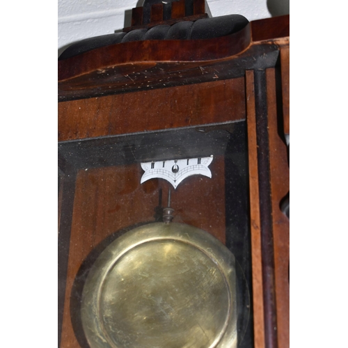 437 - TWO WALL CLOCKS, comprising a Victorian mahogany school/waiting room clock, black painted Roman nume... 