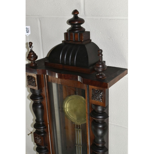 437 - TWO WALL CLOCKS, comprising a Victorian mahogany school/waiting room clock, black painted Roman nume... 