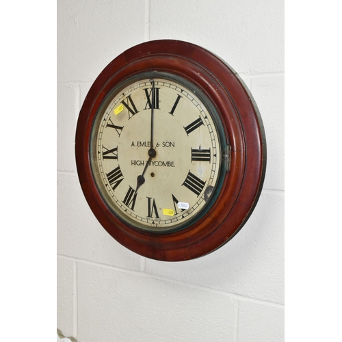 437 - TWO WALL CLOCKS, comprising a Victorian mahogany school/waiting room clock, black painted Roman nume... 