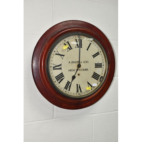 437 - TWO WALL CLOCKS, comprising a Victorian mahogany school/waiting room clock, black painted Roman nume... 