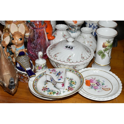 443 - ASSORTED ORNAMENTS AND DECORATIVE FIGURINES to include a Royal Crown Derby 'Bullfinch Nesting' from ... 