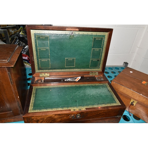 446 - TWO NINETEENTH CENTURY WRITING SLOPES AND BOX to include an inlaid writing slope with 'daily pockets... 