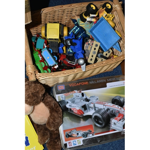 448 - TWO BOXES AND ONE BASKET OF VINTAGE TOYS AND GAMES, to include a large play worn collection of mid-c... 