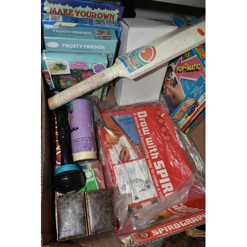 448 - TWO BOXES AND ONE BASKET OF VINTAGE TOYS AND GAMES, to include a large play worn collection of mid-c... 