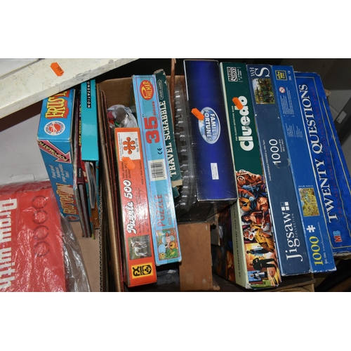 448 - TWO BOXES AND ONE BASKET OF VINTAGE TOYS AND GAMES, to include a large play worn collection of mid-c... 