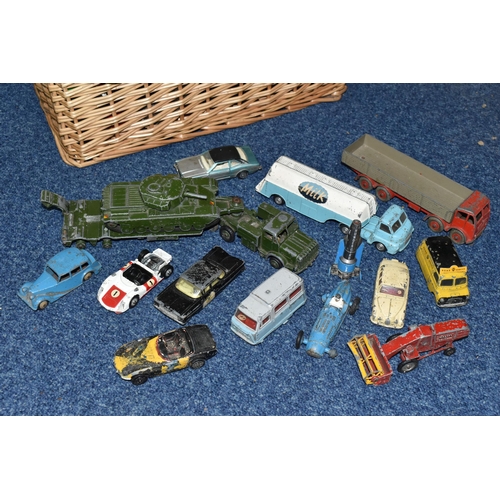 448 - TWO BOXES AND ONE BASKET OF VINTAGE TOYS AND GAMES, to include a large play worn collection of mid-c... 