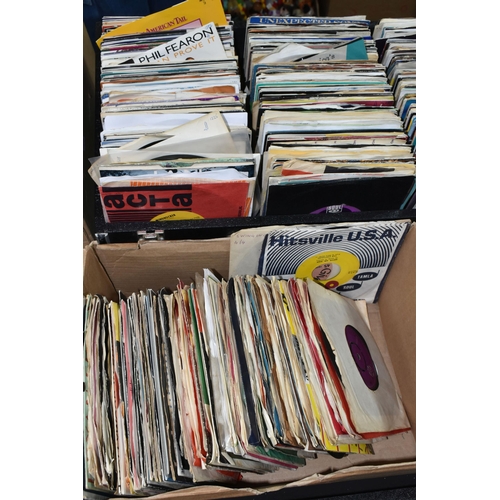 452 - TWO RECORD CASES AND A BOX OF 7 INCH SINGLES, to include music from the 1960s to 1980s, genres inclu... 