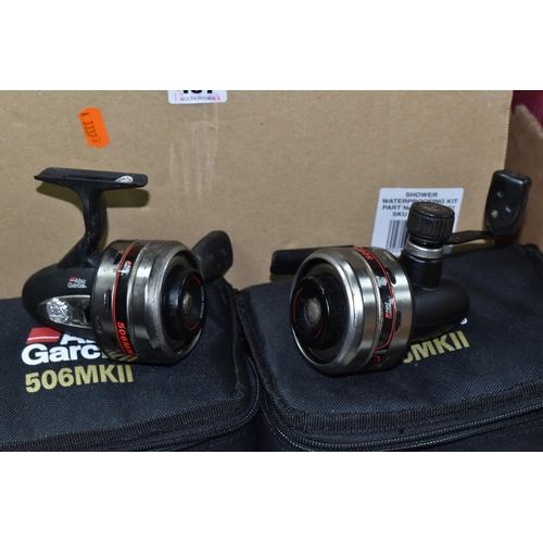 457 - ABU GARCIA CLOSED FACE FISHING REELS, comprising four 506 MKII reels with soft cases, one with a box... 