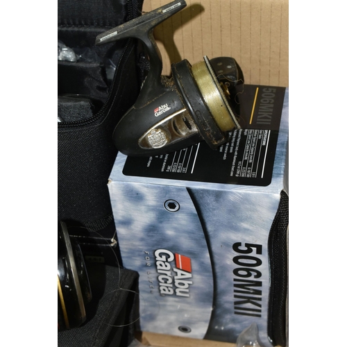 457 - ABU GARCIA CLOSED FACE FISHING REELS, comprising four 506 MKII reels with soft cases, one with a box... 