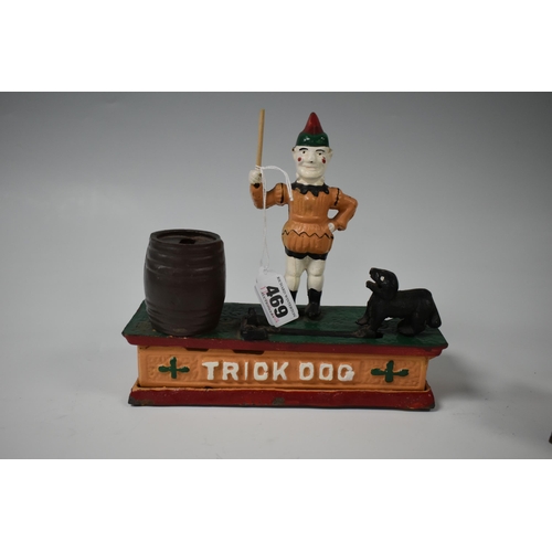 469 - TWO MODERN REPRODUCTION CAST IRON MONEY BOXES/BANKS, 'Human Cannonball' and 'Trick Dog' both appear ... 