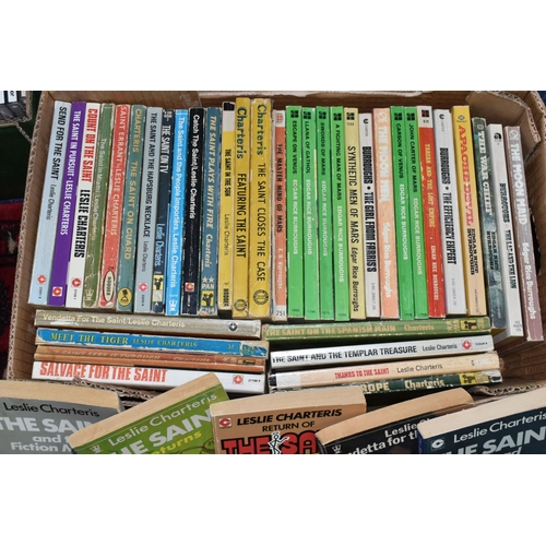 494 - TWO BOXES OF PAPERBACK BOOKS containing 105 miscellaneous fiction titles, the authors are Leslie Cha... 