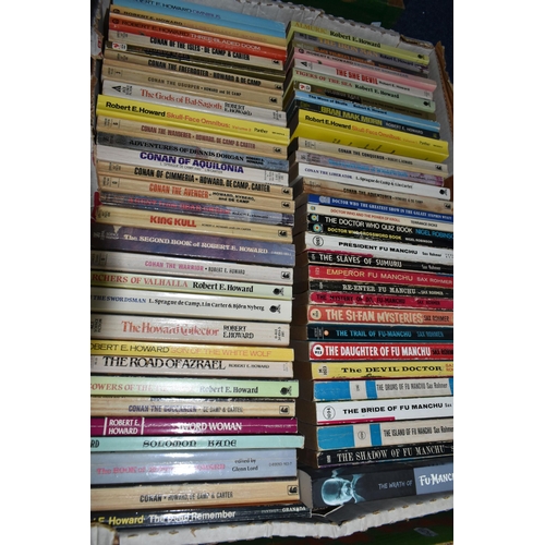 494 - TWO BOXES OF PAPERBACK BOOKS containing 105 miscellaneous fiction titles, the authors are Leslie Cha... 