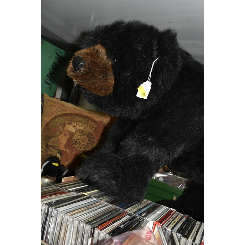 495 - ONE BOX OF CDS AND A DITZ DESIGNS AMERICAN BLACK BEAR FOOT REST, together with two Aneroid wall baro... 