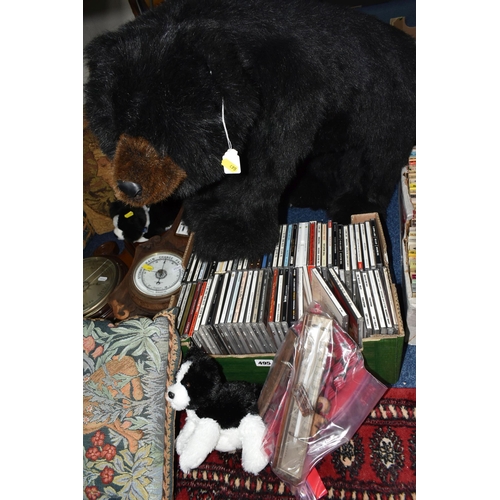 495 - ONE BOX OF CDS AND A DITZ DESIGNS AMERICAN BLACK BEAR FOOT REST, together with two Aneroid wall baro... 