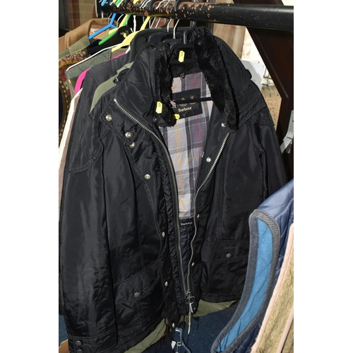 505 - A GROUP OF ELEVEN BARBOUR JACKETS AND GILETS, TOGETHER WITH THREE SCARVES, comprising a 'Burghley' g... 