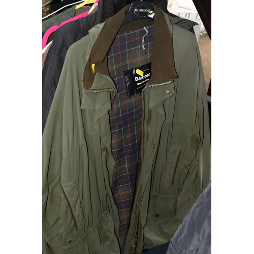 505 - A GROUP OF ELEVEN BARBOUR JACKETS AND GILETS, TOGETHER WITH THREE SCARVES, comprising a 'Burghley' g... 