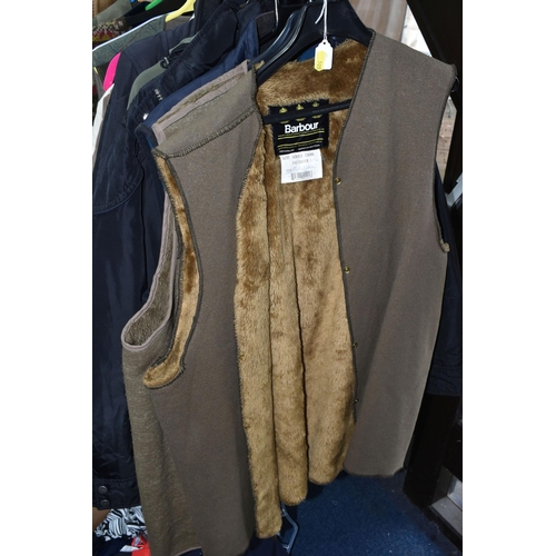 505 - A GROUP OF ELEVEN BARBOUR JACKETS AND GILETS, TOGETHER WITH THREE SCARVES, comprising a 'Burghley' g... 