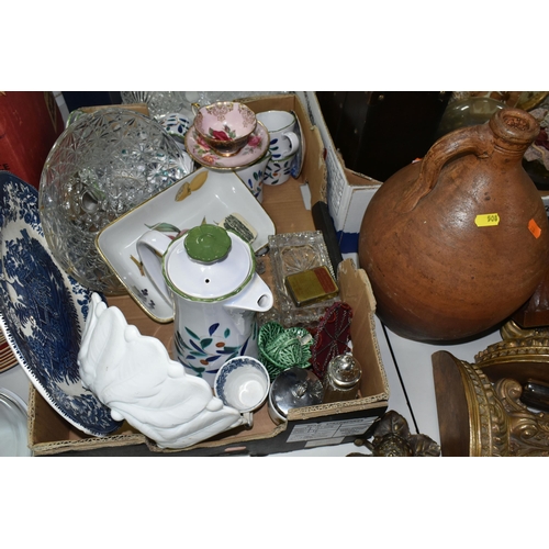 508 - FIVE BOXES, A BASKET, AND LOOSE MISCELLANEOUS SUNDRIES to include a large antique continental stonew... 