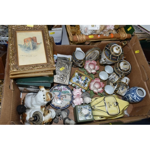 508 - FIVE BOXES, A BASKET, AND LOOSE MISCELLANEOUS SUNDRIES to include a large antique continental stonew... 