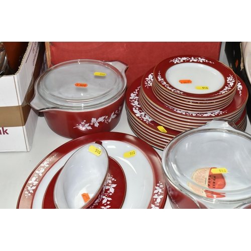 510 - A PYREX ROYAL 'HAWTHORN' DINNER SET to include six side plates, six tea plates, six dinner plates, t... 