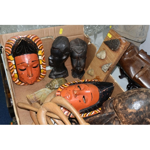 519 - A BOX AND LOOSE OF TRIBAL AND ORIENTAL TREEN, CERAMICS, CARVED STONE, ETC, including tribal masks, o... 