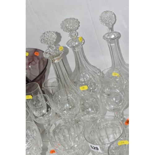 520 - A COLLECTION OF LOOSE GLASSWARE, including five decanters and stoppers, a Royal Brierley cut glass j... 