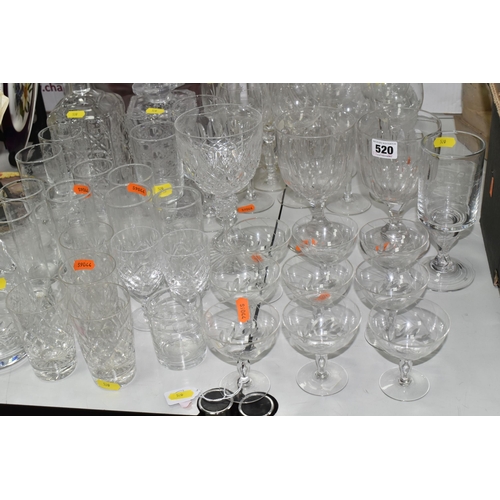 520 - A COLLECTION OF LOOSE GLASSWARE, including five decanters and stoppers, a Royal Brierley cut glass j... 