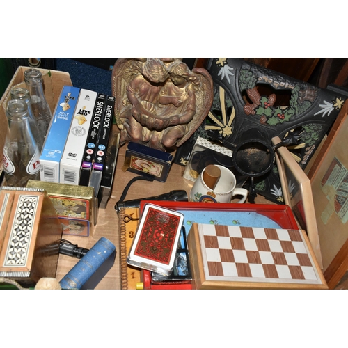 521 - FOUR BOXES AND LOOSE SEASHELLS, DUMB BELLS, DVDS, PLAYING CARDS, A WICKER BASKET, ETC, including a b... 