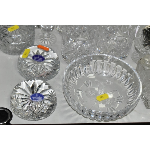 523 - A SMALL COLLECTION OF GLASSWARE, including Mdina and Royal Doulton paperweights, Tutbury Crystal dri... 