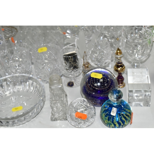 523 - A SMALL COLLECTION OF GLASSWARE, including Mdina and Royal Doulton paperweights, Tutbury Crystal dri... 