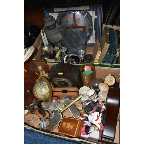 524 - TWO BOXES AND LOOSE METALWARES, CASED CUTLERY, COSTUME DOLLS, DRESSING TABLE ITEMS, ETC, including a... 