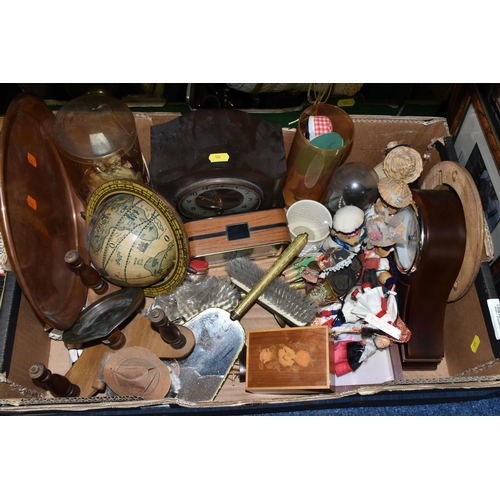 524 - TWO BOXES AND LOOSE METALWARES, CASED CUTLERY, COSTUME DOLLS, DRESSING TABLE ITEMS, ETC, including a... 